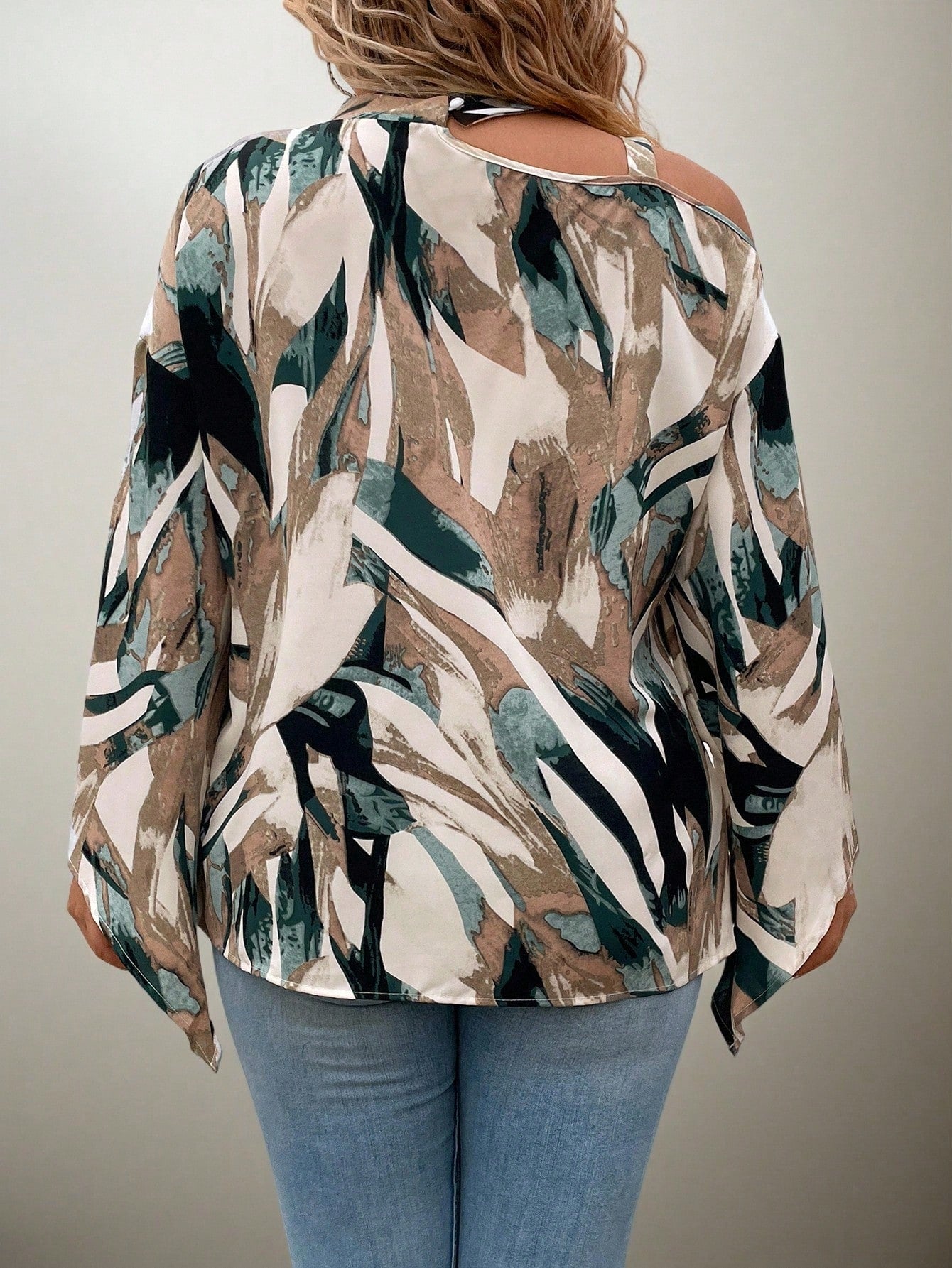 Flouryn Plus Size Women's Random Print Simple Daily Shirt One Shoulder Top Fall