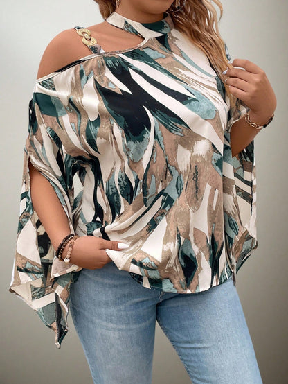 Flouryn Plus Size Women's Random Print Simple Daily Shirt One Shoulder Top Fall