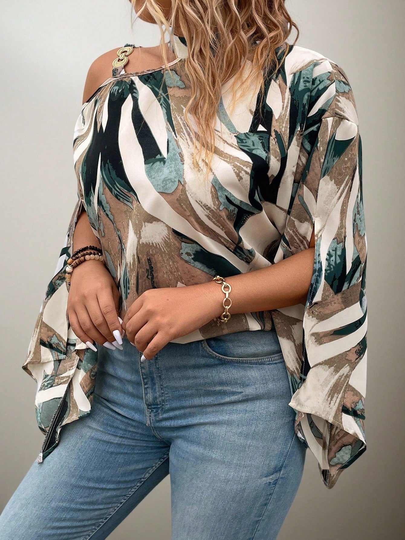 Flouryn Plus Size Women's Random Print Simple Daily Shirt One Shoulder Top Fall