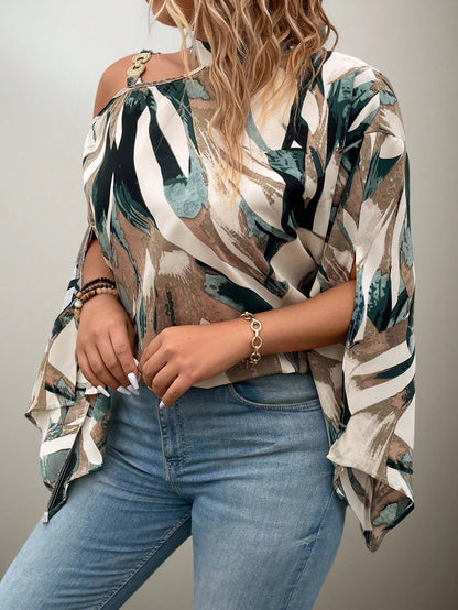 Flouryn Plus Size Women's Random Print Simple Daily Shirt One Shoulder Top Fall
