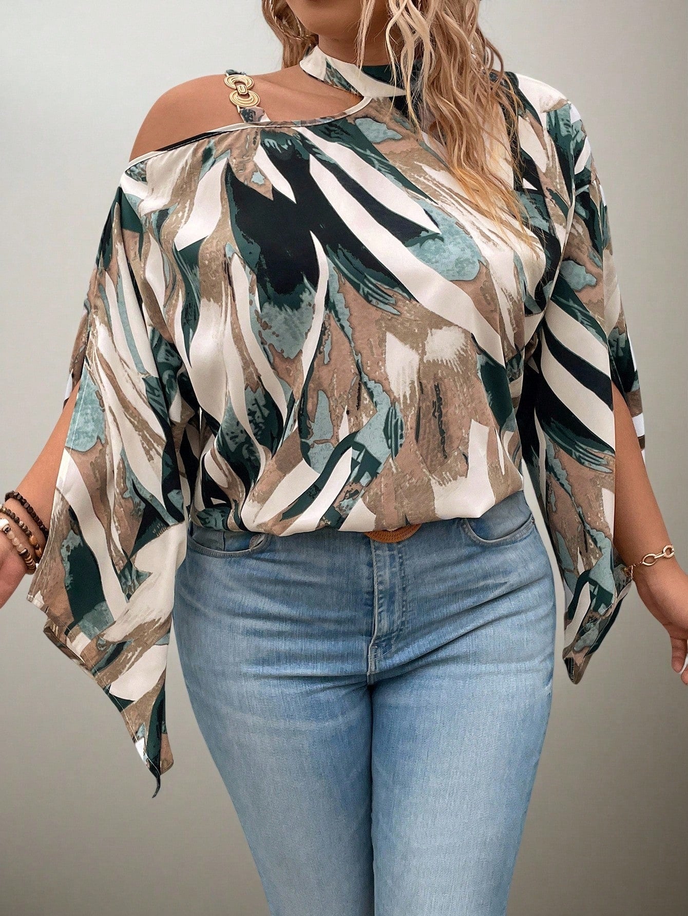 Flouryn Plus Size Women's Random Print Simple Daily Shirt One Shoulder Top Fall