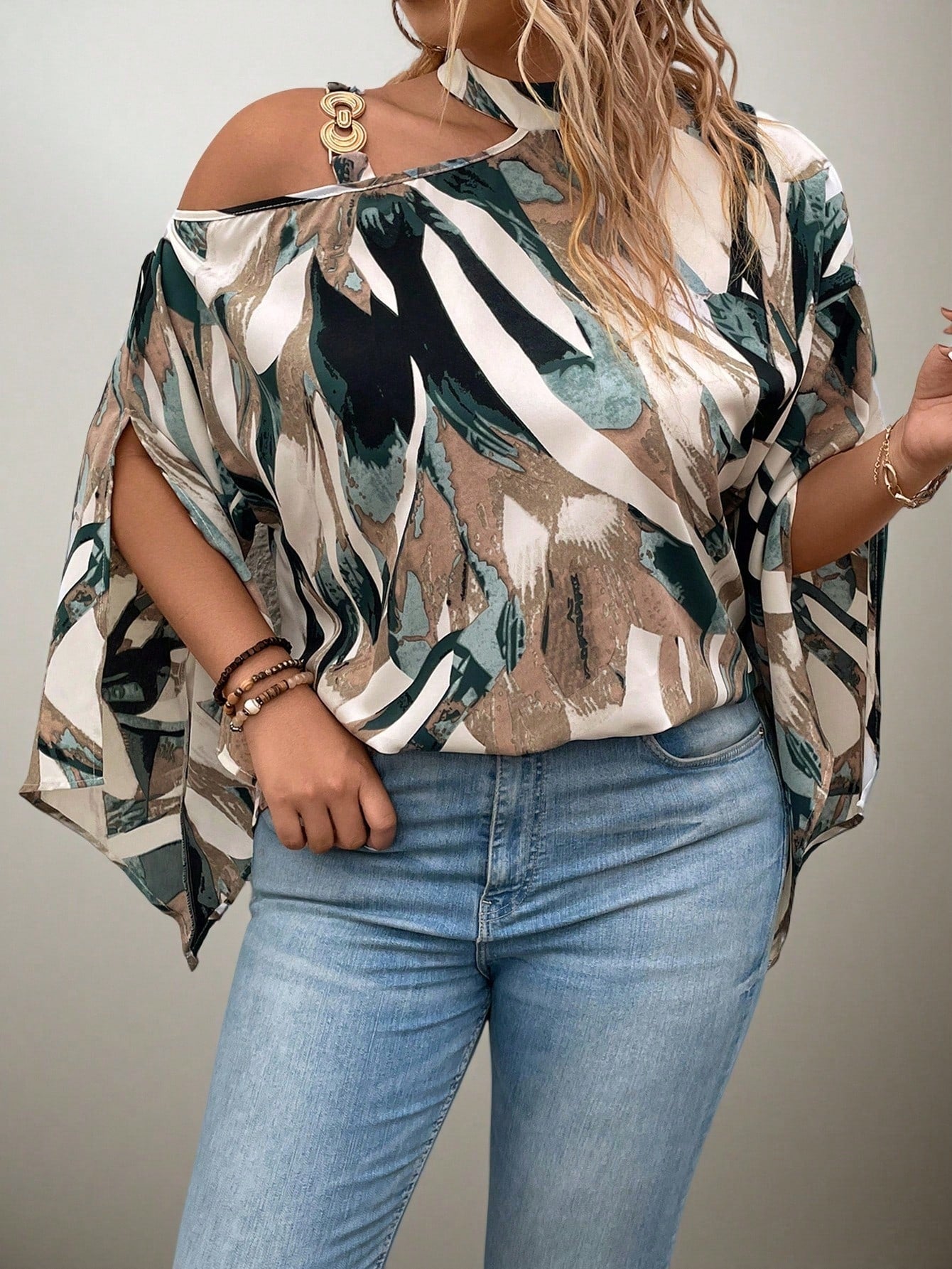 Flouryn Plus Size Women's Random Print Simple Daily Shirt One Shoulder Top Fall