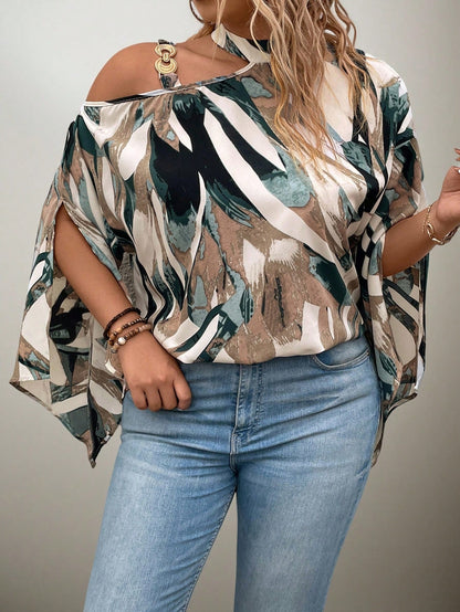 Flouryn Plus Size Women's Random Print Simple Daily Shirt One Shoulder Top Fall