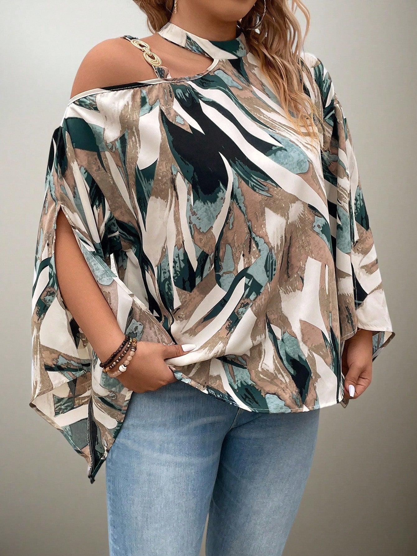Flouryn Plus Size Women's Random Print Simple Daily Shirt One Shoulder Top Fall