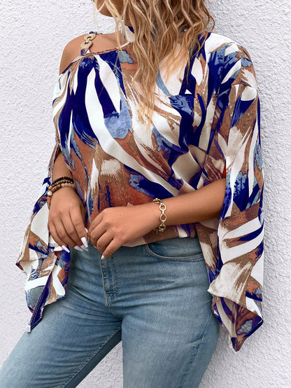Flouryn Plus Size Women's Random Print Simple Daily Shirt One Shoulder Top Fall