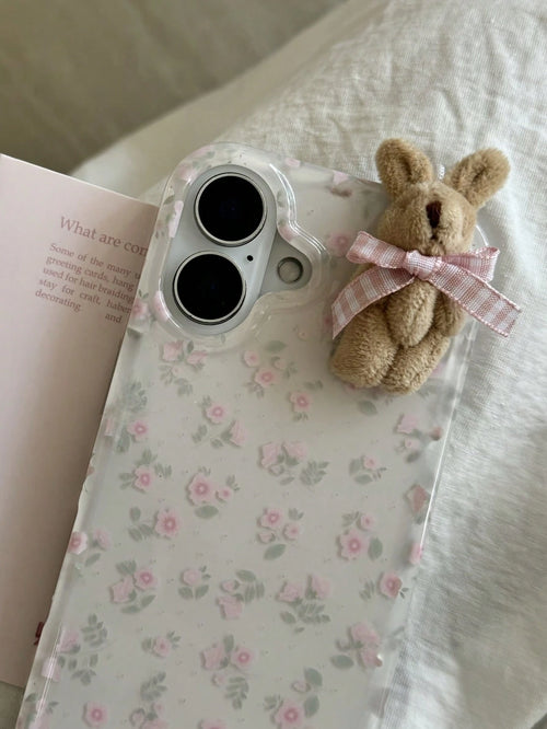 Flower 1pc Youthful And Adorable Girl Floral White Classic Full-Coverage Soft Phone Case + Three-Dimensional Pink Lattice Bow Brown Rabbit, Compatible With IPhone16 15 14 13 12 11 Pro Max Plus