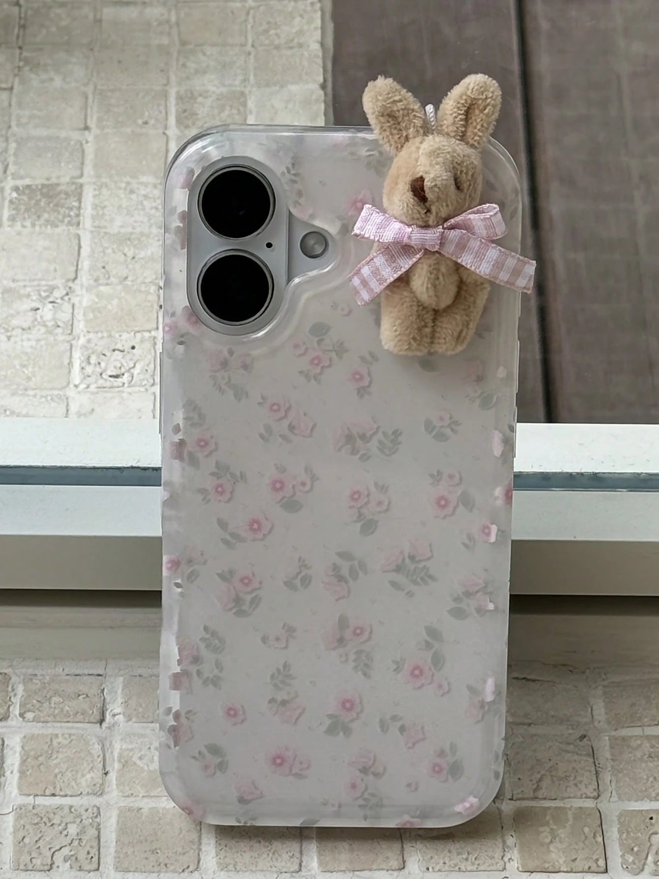Flower 1pc Youthful And Adorable Girl Floral White Classic Full-Coverage Soft Phone Case + Three-Dimensional Pink Lattice Bow Brown Rabbit, Compatible With IPhone16 15 14 13 12 11 Pro Max Plus