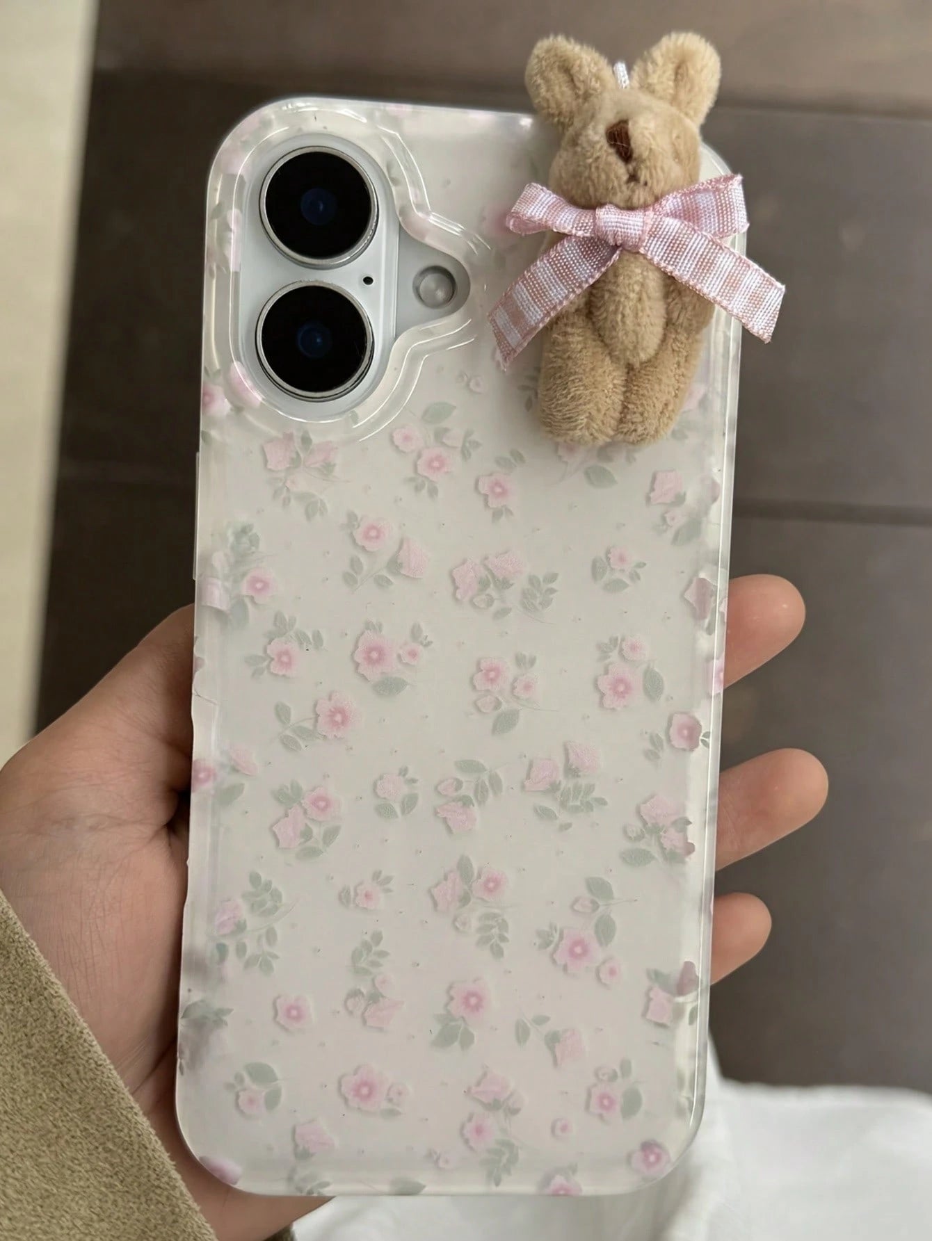 Flower 1pc Youthful And Adorable Girl Floral White Classic Full-Coverage Soft Phone Case + Three-Dimensional Pink Lattice Bow Brown Rabbit, Compatible With IPhone16 15 14 13 12 11 Pro Max Plus