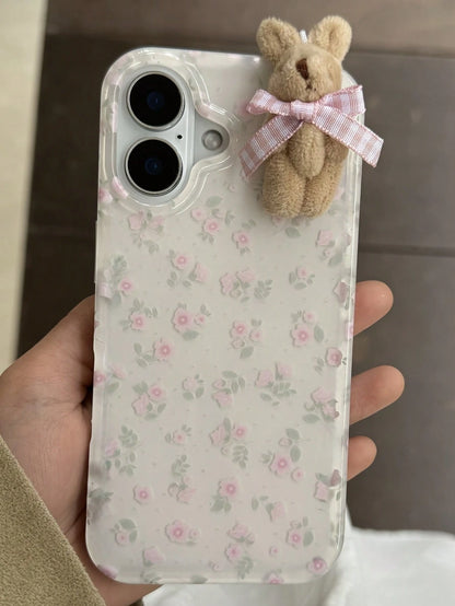 Flower 1pc Youthful And Adorable Girl Floral White Classic Full-Coverage Soft Phone Case + Three-Dimensional Pink Lattice Bow Brown Rabbit, Compatible With IPhone16 15 14 13 12 11 Pro Max Plus