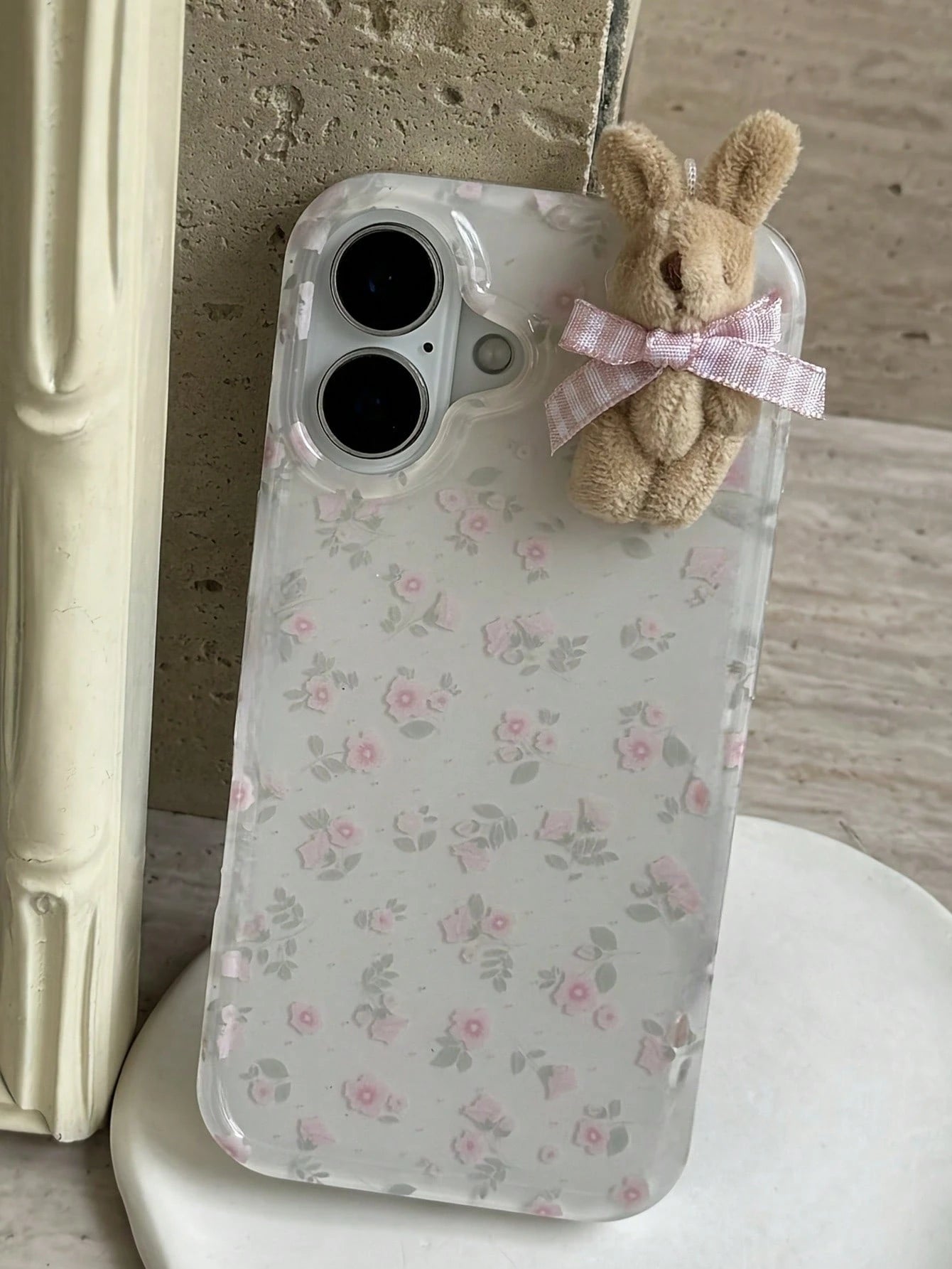 Flower 1pc Youthful And Adorable Girl Floral White Classic Full-Coverage Soft Phone Case + Three-Dimensional Pink Lattice Bow Brown Rabbit, Compatible With IPhone16 15 14 13 12 11 Pro Max Plus