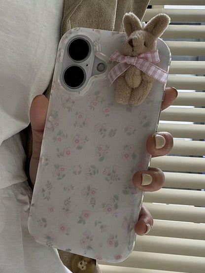 Flower 1pc Youthful And Adorable Girl Floral White Classic Full-Coverage Soft Phone Case + Three-Dimensional Pink Lattice Bow Brown Rabbit, Compatible With IPhone16 15 14 13 12 11 Pro Max Plus