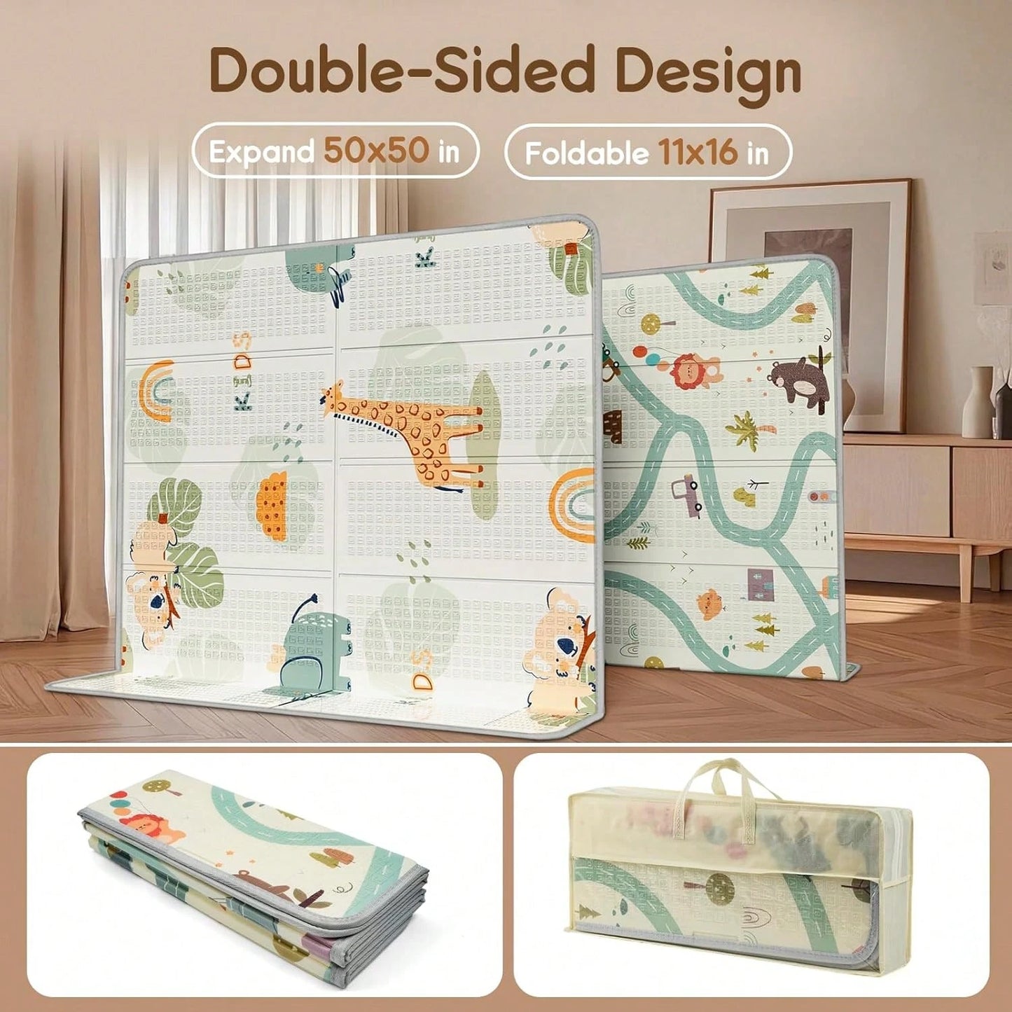 Foldable Baby Play Mat, Waterproof Foam Floor Mat For Tummy Time, 50x50 Reversible Portable Playpen Pad For Infant & Toddler