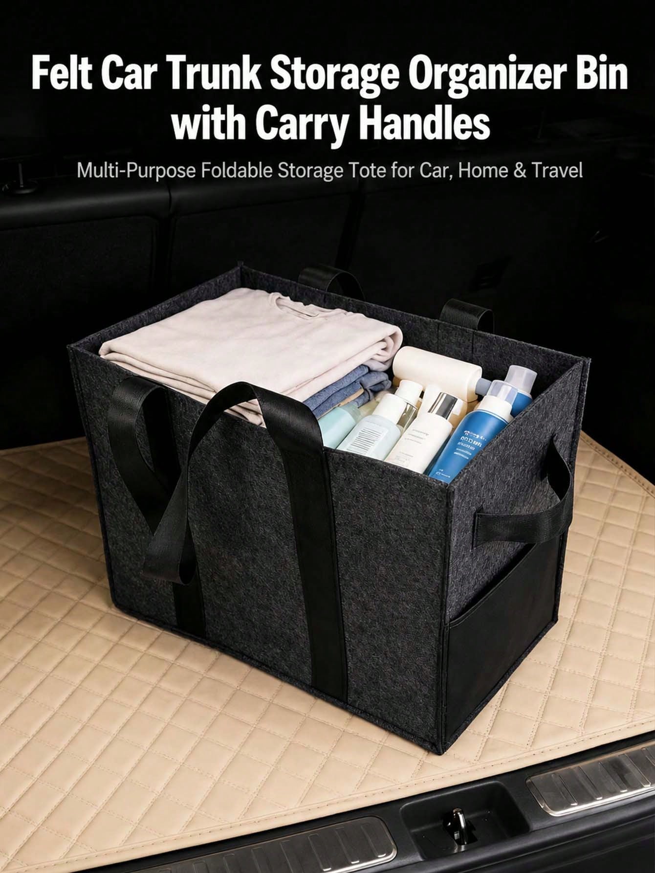 Foldable Felt Car Trunk Organizer, With Reinforced Handles And Side Pockets, Large Capacity Multi-Functional Storage Bag, Suitable For SUV, Truck, Van, Home Clothing, Picnic Shopping And Car Accessori