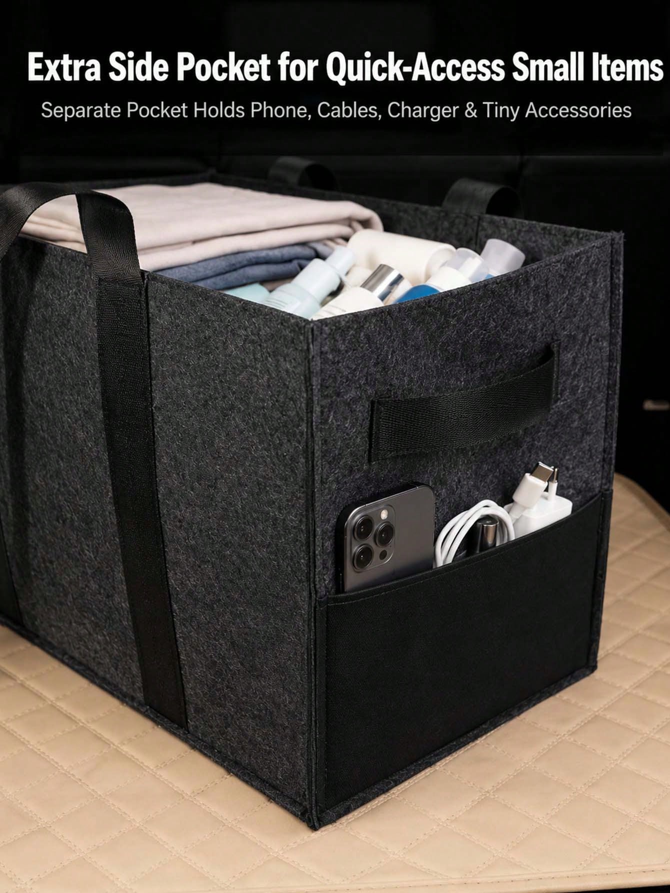 Foldable Felt Car Trunk Organizer, With Reinforced Handles And Side Pockets, Large Capacity Multi-Functional Storage Bag, Suitable For SUV, Truck, Van, Home Clothing, Picnic Shopping And Car Accessori