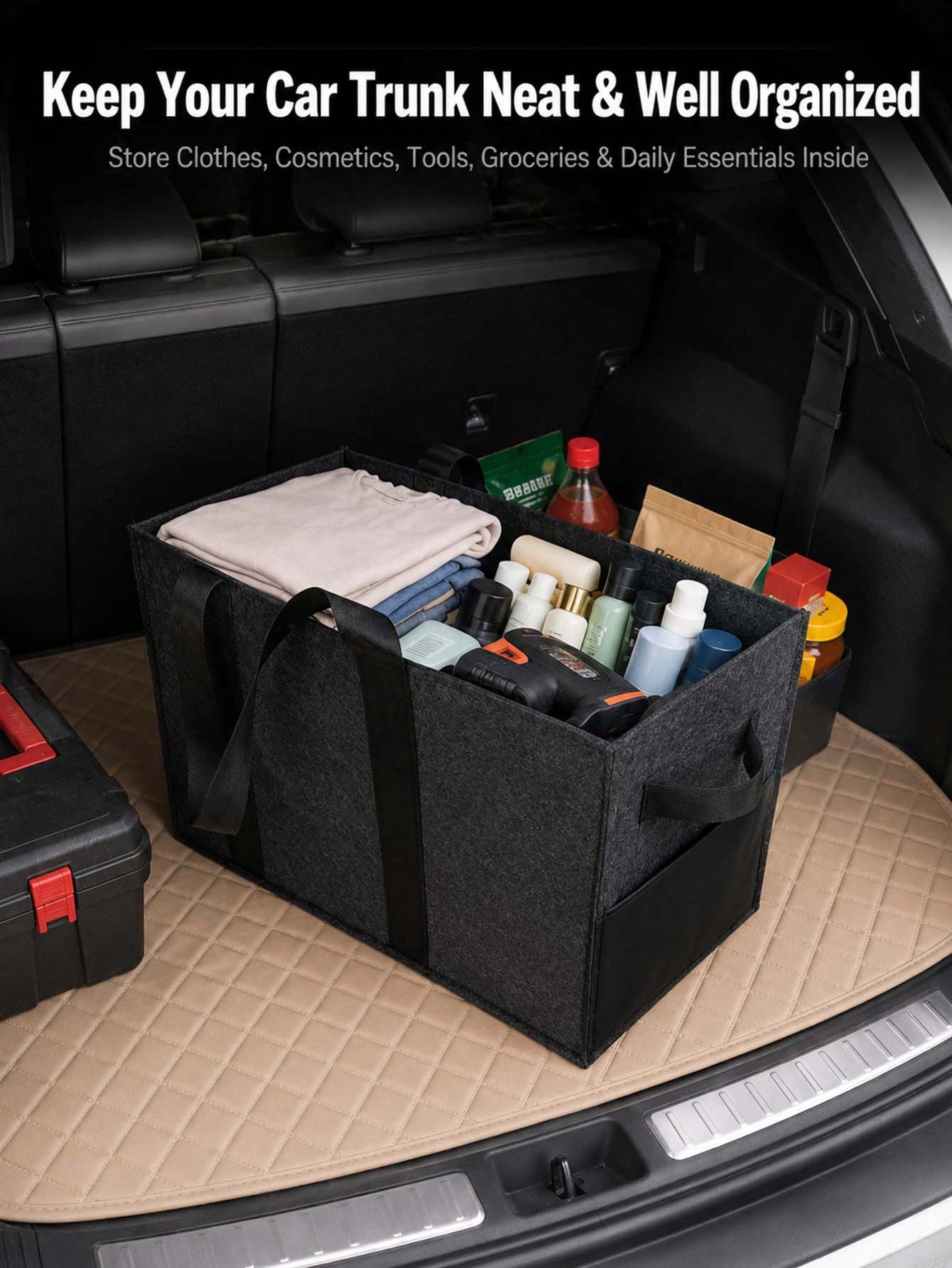 Foldable Felt Car Trunk Organizer, With Reinforced Handles And Side Pockets, Large Capacity Multi-Functional Storage Bag, Suitable For SUV, Truck, Van, Home Clothing, Picnic Shopping And Car Accessori