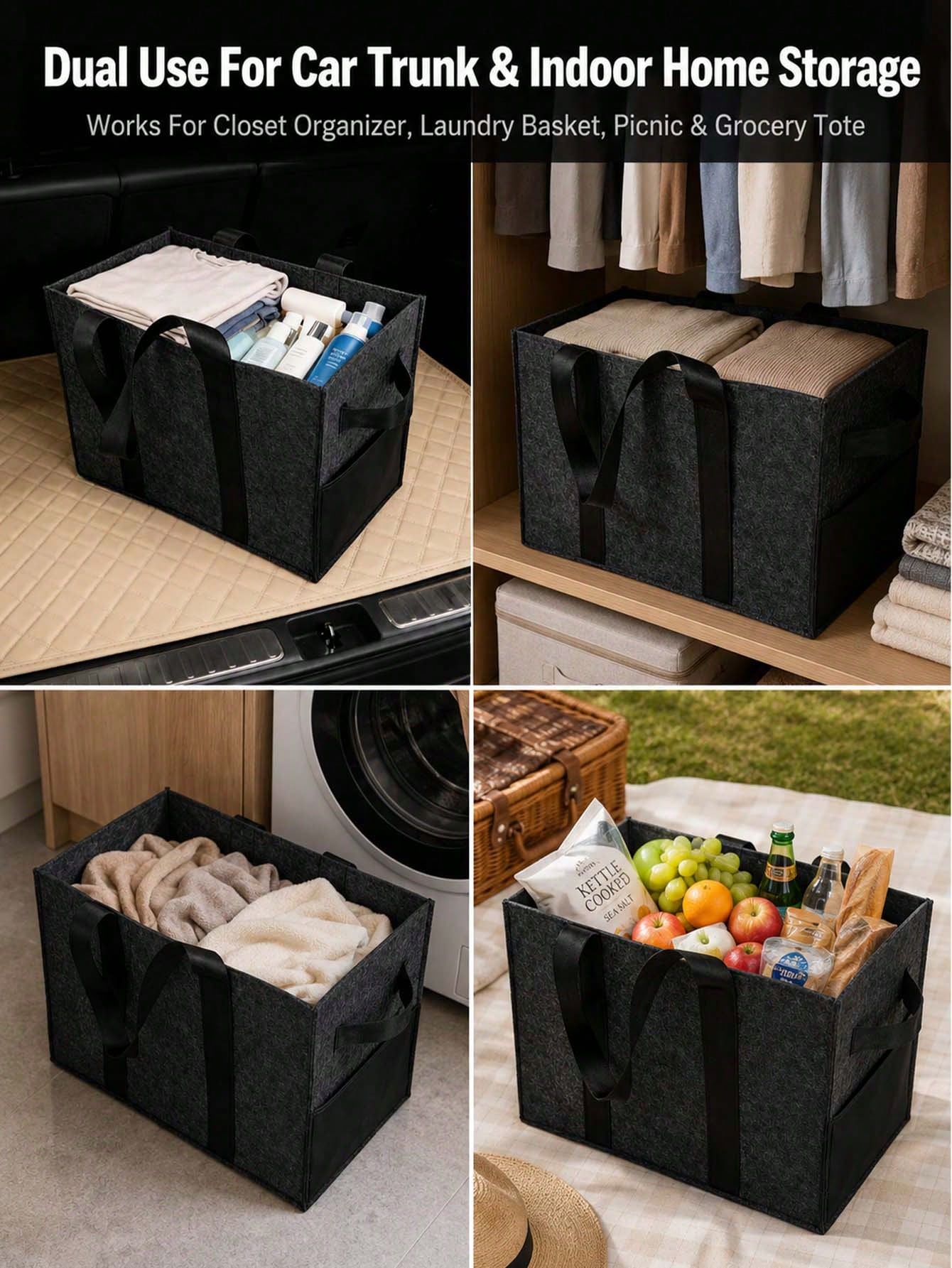 Foldable Felt Car Trunk Organizer, With Reinforced Handles And Side Pockets, Large Capacity Multi-Functional Storage Bag, Suitable For SUV, Truck, Van, Home Clothing, Picnic Shopping And Car Accessori