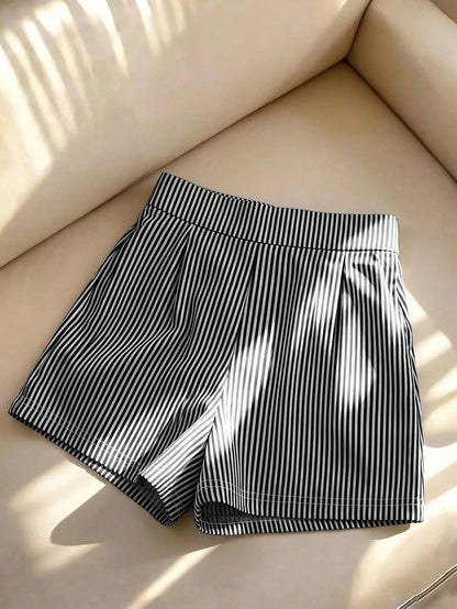 Franclia 2pcs/Set Women's High-End Striped Ruffle Button-Up Blouse & Shorts,Sleeveless Top,Navy And White,Summer,Casual,Vacation,Holiday,Y2K Beach Outfit