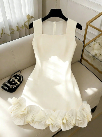 Franclia Elegant White Summer Square-Neck Sleeveless Dress With Ruffles,Perfect For Bar Party,Wedding Guest,Graduation,Office Wear,Stylish Double-Layered Vest