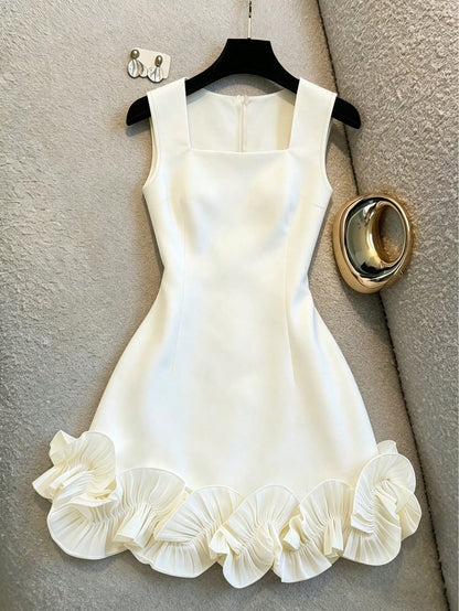 Franclia Elegant White Summer Square-Neck Sleeveless Dress With Ruffles,Perfect For Bar Party,Wedding Guest,Graduation,Office Wear,Stylish Double-Layered Vest