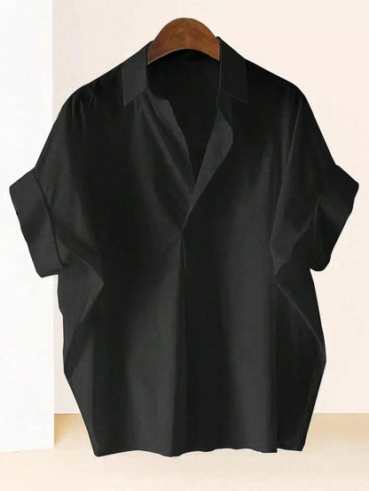 Franclia Fashionable High-End French Design Loose Batwing Sleeve Lapel Collar Women Shirt, Black Blouse