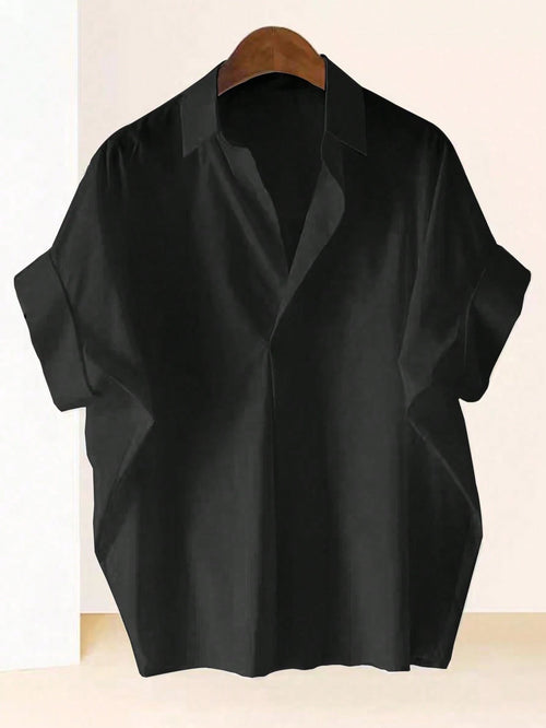 Franclia Fashionable High-End French Design Loose Batwing Sleeve Lapel Collar Women Shirt, Black Blouse