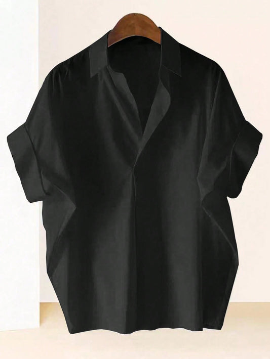 Franclia Fashionable High-End French Design Loose Batwing Sleeve Lapel Collar Women Shirt, Black Blouse