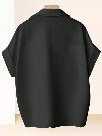 Franclia Fashionable High-End French Design Loose Batwing Sleeve Lapel Collar Women Shirt, Black Blouse