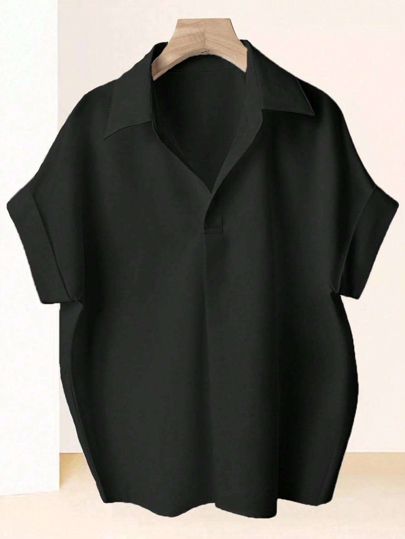 Franclia Fashionable High-End French Design Loose Batwing Sleeve Lapel Collar Women Shirt, Black Blouse