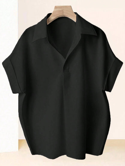 Franclia Fashionable High-End French Design Loose Batwing Sleeve Lapel Collar Women Shirt, Black Blouse
