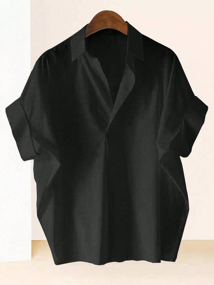 Franclia Fashionable High-End French Design Loose Batwing Sleeve Lapel Collar Women Shirt, Black Blouse