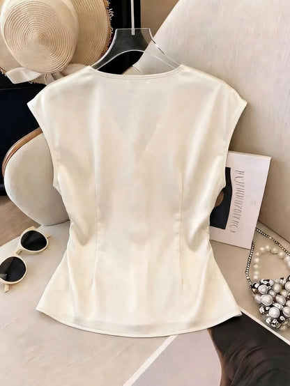 Franclia French Elegance Women's Satin Summer V-Neck Button-Down Pleated Waist Top, Elegant Office Commuter Wear, Business Casual Holiday