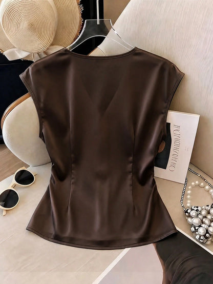 Franclia French Elegance Women's Satin Summer V-Neck Button-Down Pleated Waist Top, Elegant Office Commuter Wear, Business Casual Holiday
