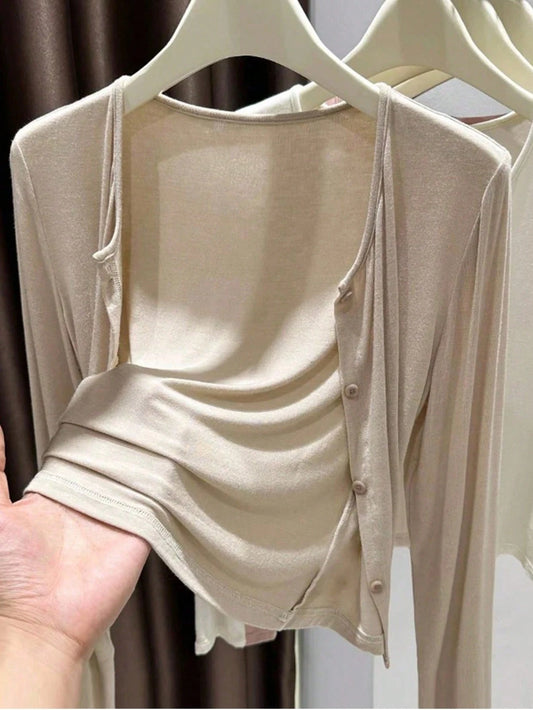 Franclia Plus Size Women's Solid Color Minimalist Long Sleeve Lightweight Jacket, Everyday Wear Fall