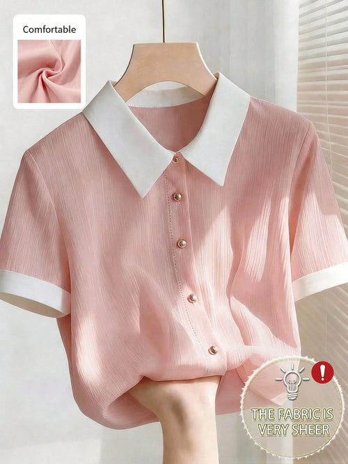Franclia Plus Size Women Summer Elegant Dusty Pink Chiffon Blouse Contrast Collar Metal Button Loose Fit Short Sleeve Shirt Evening Office Teachers' Day