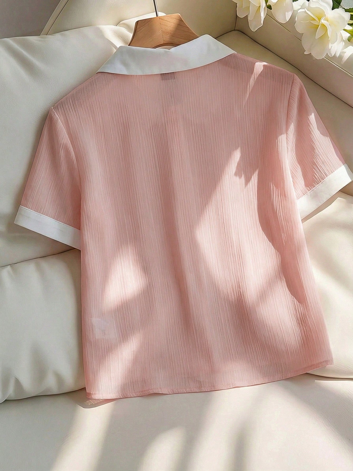 Franclia Plus Size Women Summer Elegant Dusty Pink Chiffon Blouse Contrast Collar Metal Button Loose Fit Short Sleeve Shirt Evening Office Teachers' Day
