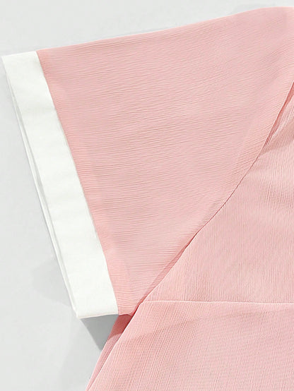Franclia Plus Size Women Summer Elegant Dusty Pink Chiffon Blouse Contrast Collar Metal Button Loose Fit Short Sleeve Shirt Evening Office Teachers' Day