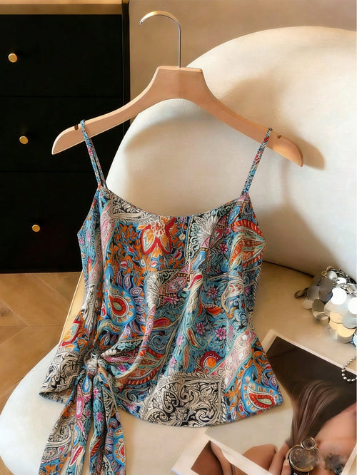 Franclia Women Boho Multicolor Random Print Woven Fabric Cami Top With Spaghetti Strap Regular Length