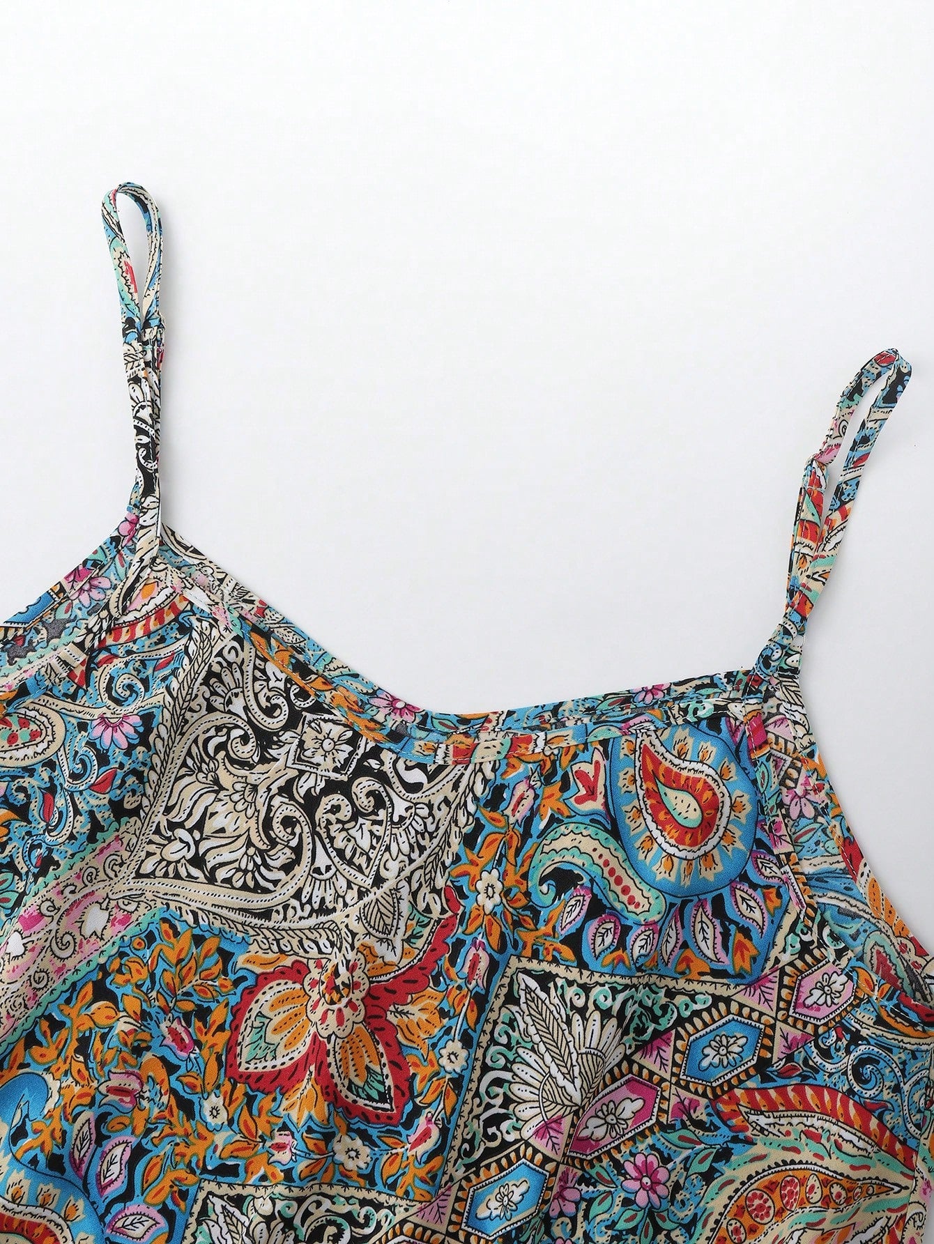 Franclia Women Boho Multicolor Random Print Woven Fabric Cami Top With Spaghetti Strap Regular Length