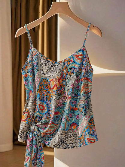 Franclia Women Boho Multicolor Random Print Woven Fabric Cami Top With Spaghetti Strap Regular Length