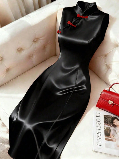Franclia Women's Elegant Plain Black And Red Bodycon Midi Dress Sleeveless Stand Collar With Traditional Frog Buttons Design Dinner Tea Party Summer