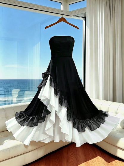 Franclia Women's Elegant Summer Black And White Contrast Color Layered Ruffle Bandeau Dress,Formal Party Reception Dinner Dress,Shirred Back Vacation Outfit