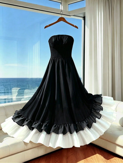 Franclia Women's Elegant Summer Black And White Contrast Color Layered Ruffle Bandeau Dress,Formal Party Reception Dinner Dress,Shirred Back Vacation Outfit
