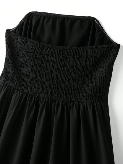 Franclia Women's Elegant Summer Black And White Contrast Color Layered Ruffle Bandeau Dress,Formal Party Reception Dinner Dress,Shirred Back Vacation Outfit