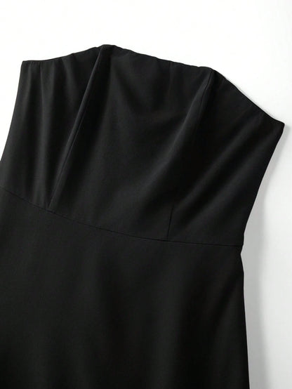 Franclia Women's Elegant Summer Black And White Contrast Color Layered Ruffle Bandeau Dress,Formal Party Reception Dinner Dress,Shirred Back Vacation Outfit