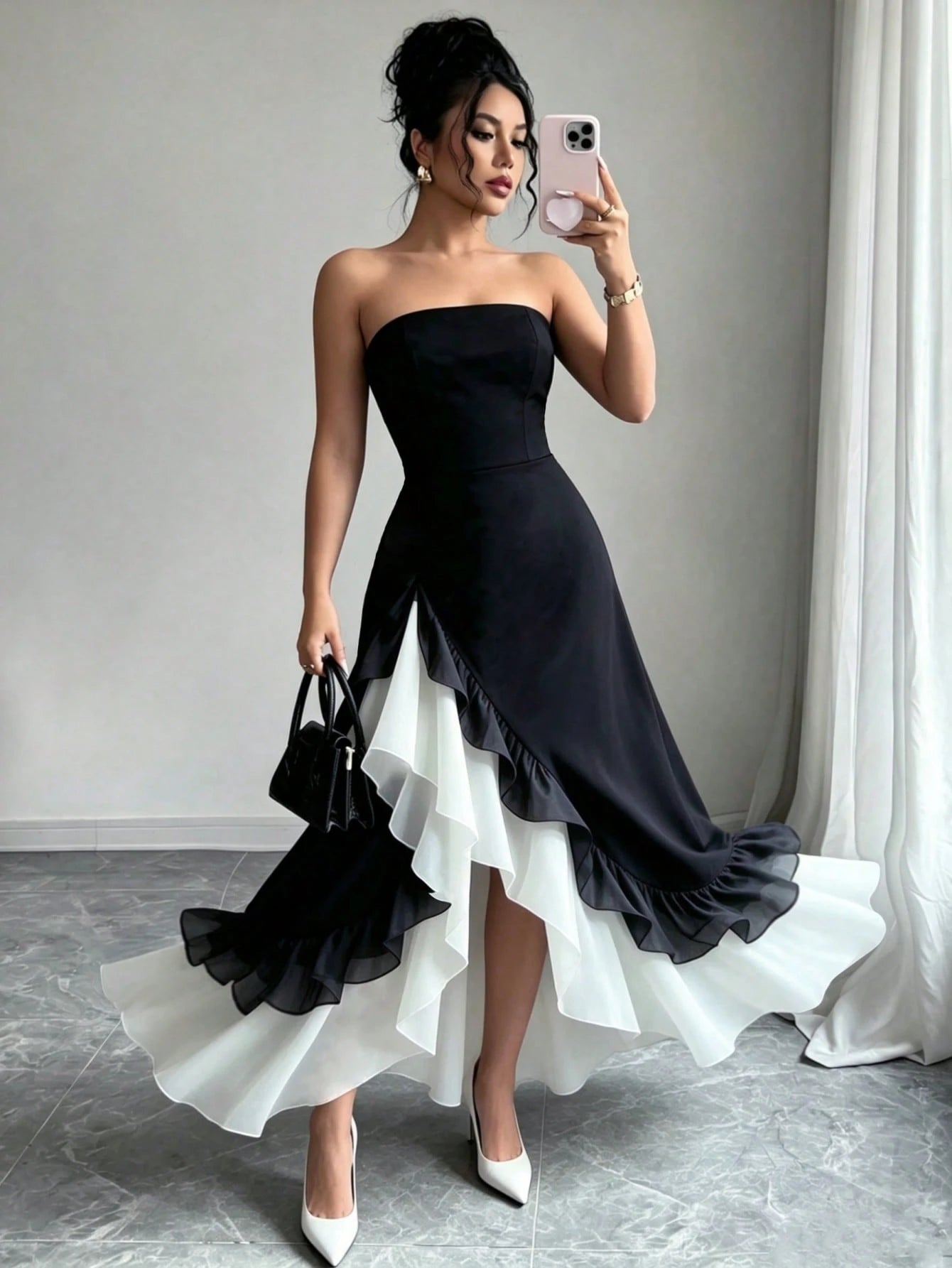 Franclia Women's Elegant Summer Black And White Contrast Color Layered Ruffle Bandeau Dress,Formal Party Reception Dinner Dress,Shirred Back Vacation Outfit