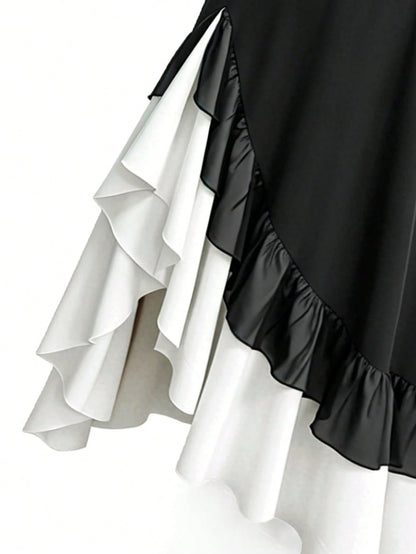 Franclia Women's Elegant Summer Black And White Contrast Color Layered Ruffle Bandeau Dress,Formal Party Reception Dinner Dress,Shirred Back Vacation Outfit