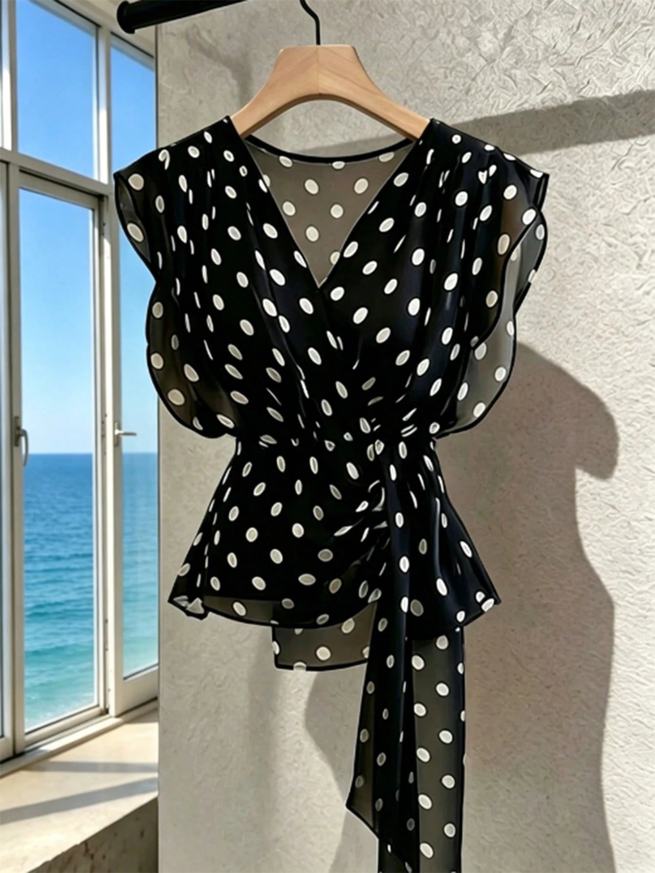 Franclia Women's French Polka Dot V-Neck High-End Mesh Elegant Sleeveless Blouse, Fashionable Tie Strap Flutter Sleeve Chiffon Camisole Top