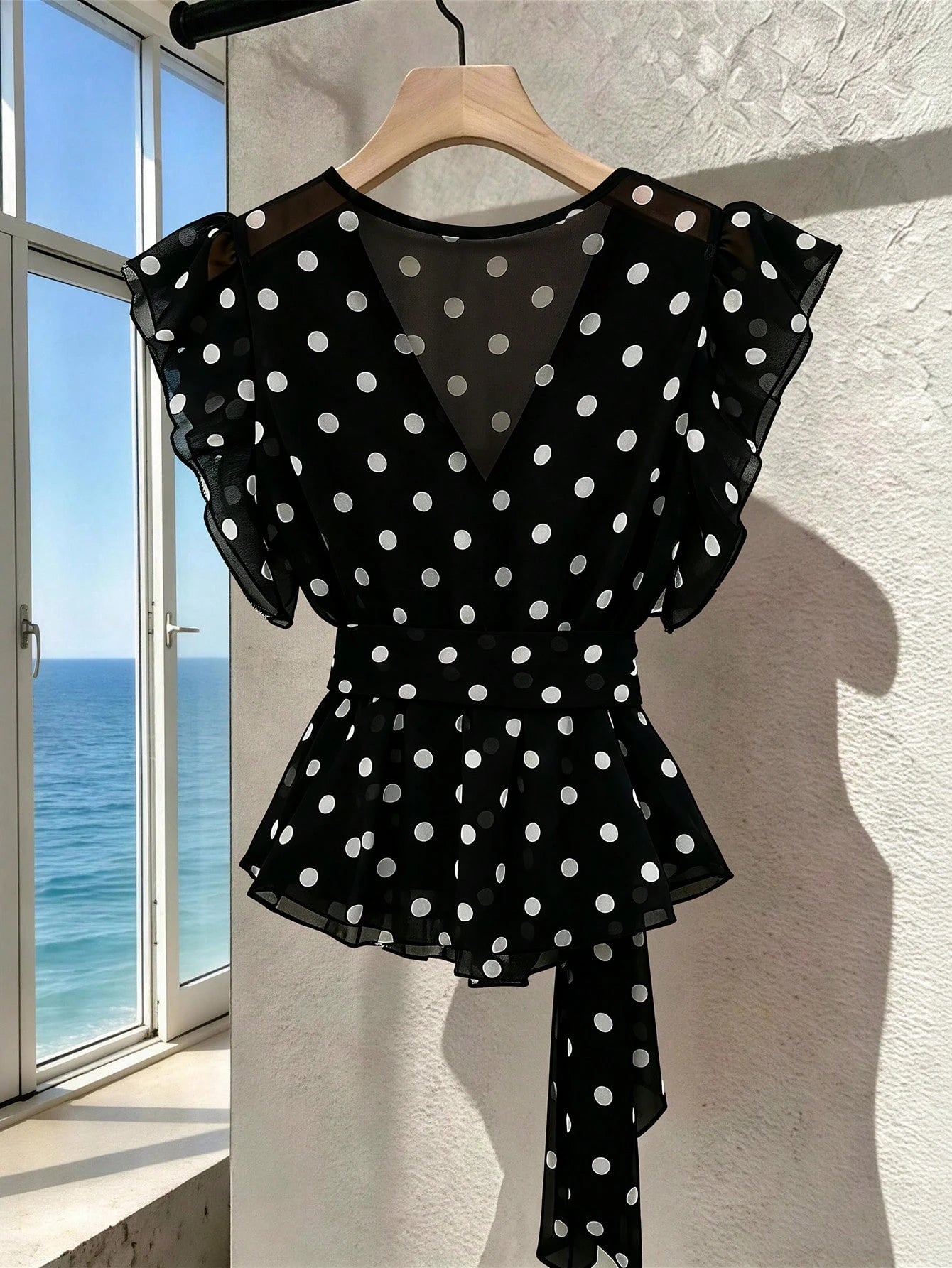 Franclia Women's French Polka Dot V-Neck High-End Mesh Elegant Sleeveless Blouse, Fashionable Tie Strap Flutter Sleeve Chiffon Camisole Top