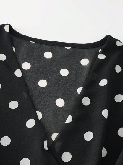 Franclia Women's French Polka Dot V-Neck High-End Mesh Elegant Sleeveless Blouse, Fashionable Tie Strap Flutter Sleeve Chiffon Camisole Top