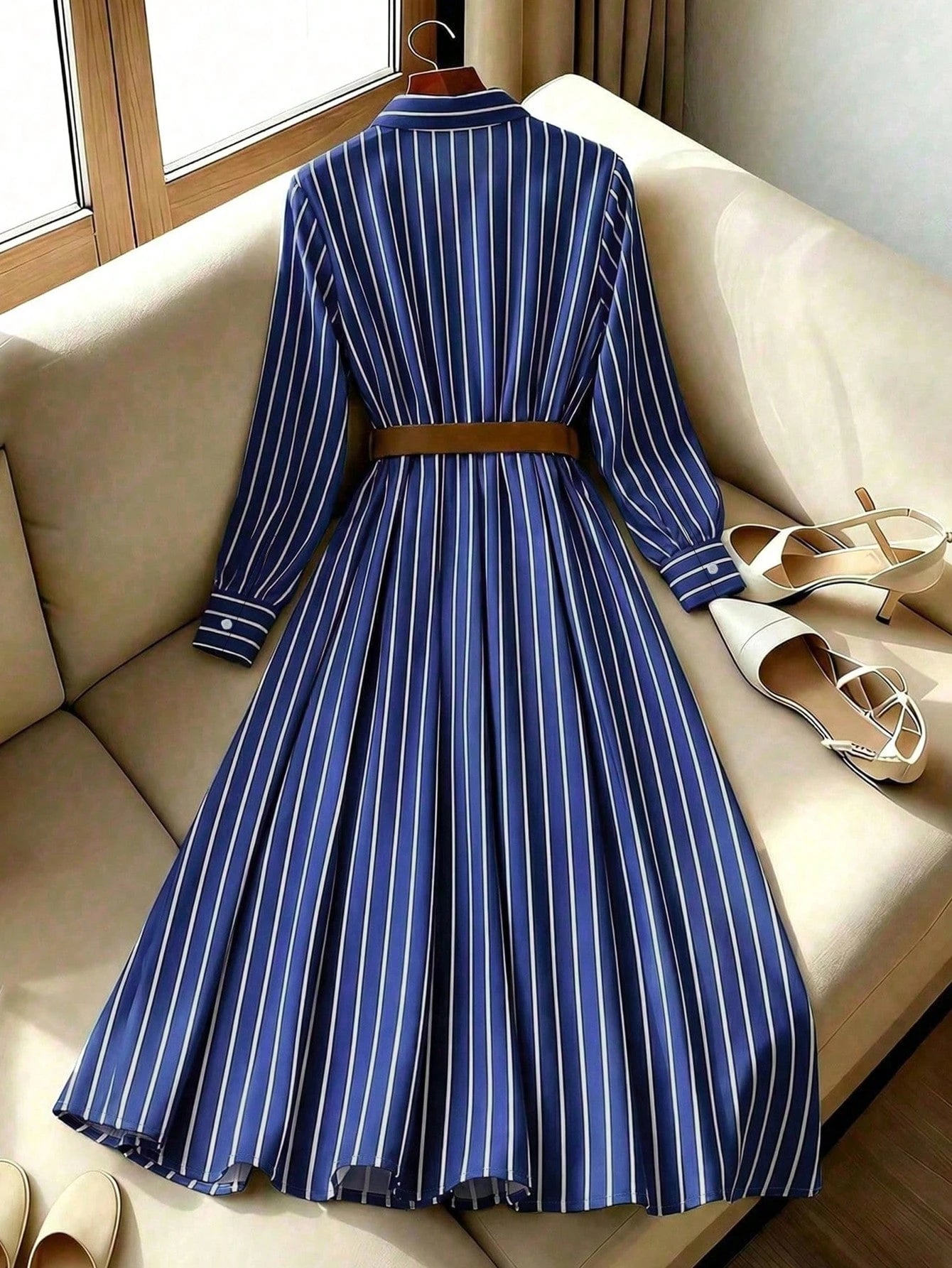 Franclia Women's Navy Blue Striped Woven Fabric Long Sleeve Midi Dress Casual Flared Hem Shirt Dress